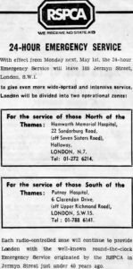 RSPCA newspaper annoucement about the night emergency service.