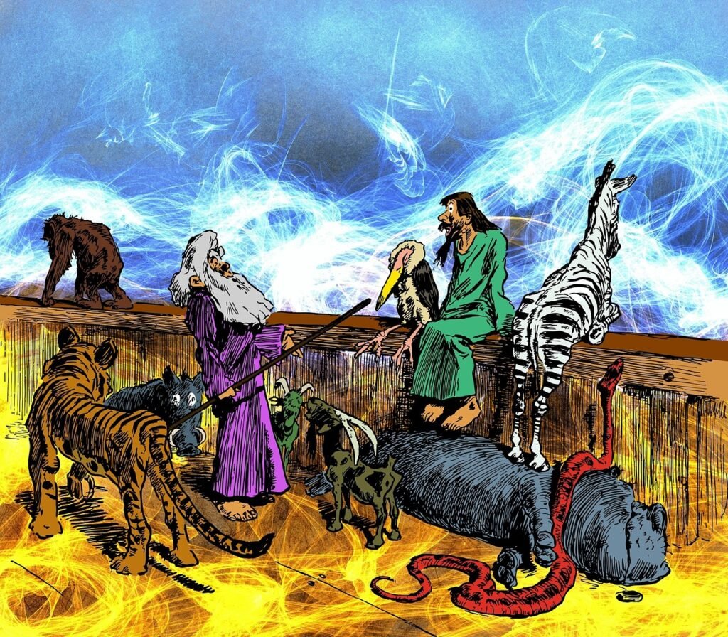 Cartoon of noah and animals on ark