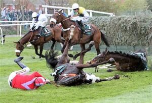 Racehorses falling at fence